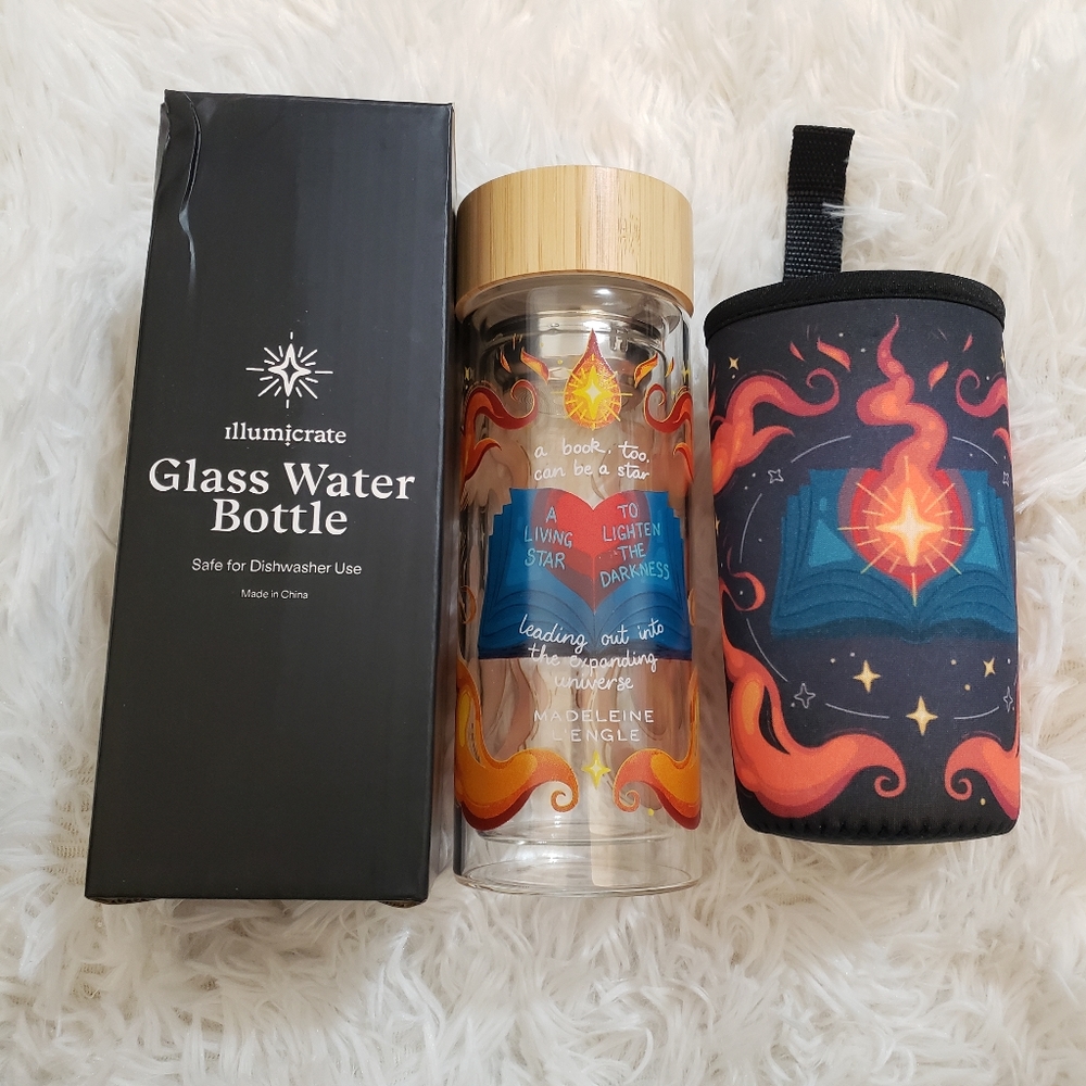 Glass water bottle, with cozy sleeve, bookish quote, Illumicrate
